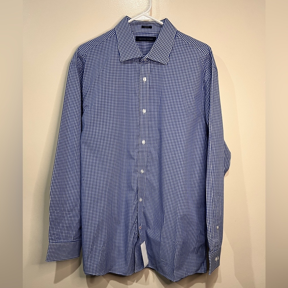 Tommy Hilfiger Dress Shirt Mens size 16 16.5 32/33 Slim Fit Blue Check NWT